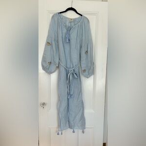Light Blue Linen Embroidered Dress with Belt